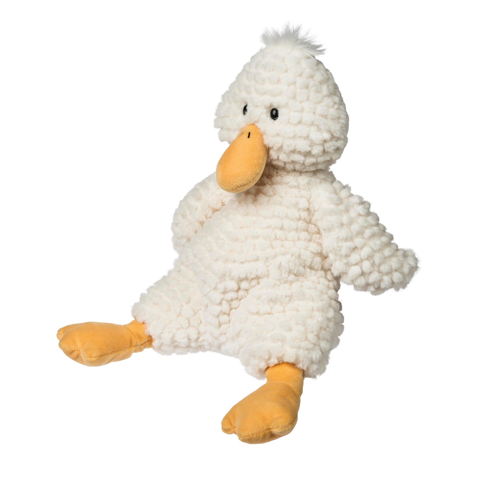 Plush duck toy with white body and orange feet and beak on a white background