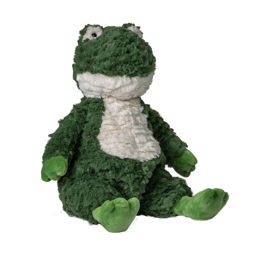 Green plush toy frog on a white background