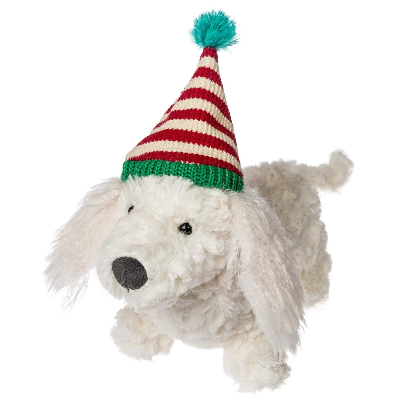 Stuffed dog toy with a red and white striped hat on a white background
