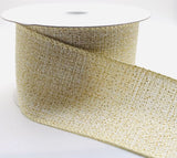 A spool of natural beige burlap ribbon with a textured woven pattern, shown with the ribbon unrolled on a white background.