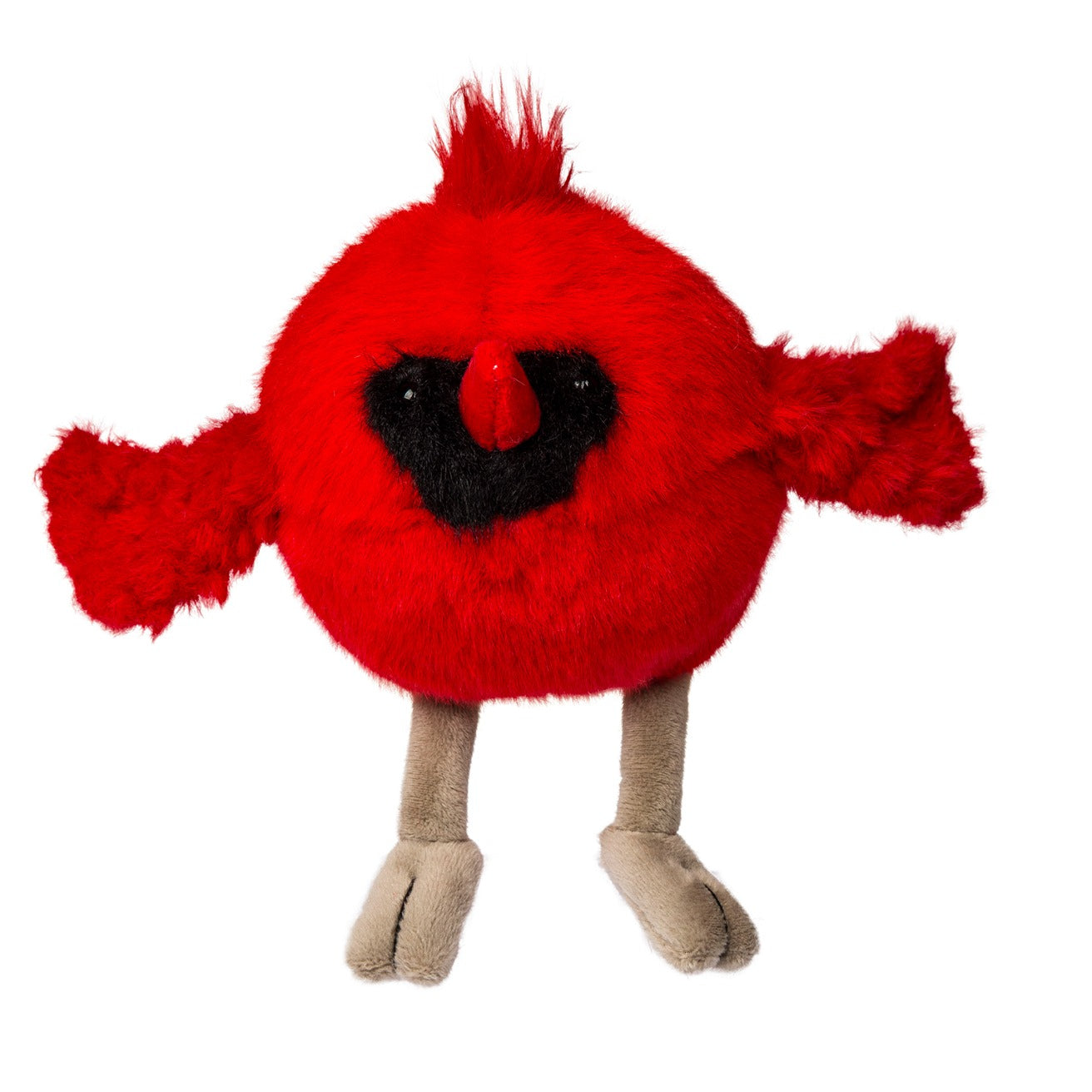 Red plush toy with a black face on a white background