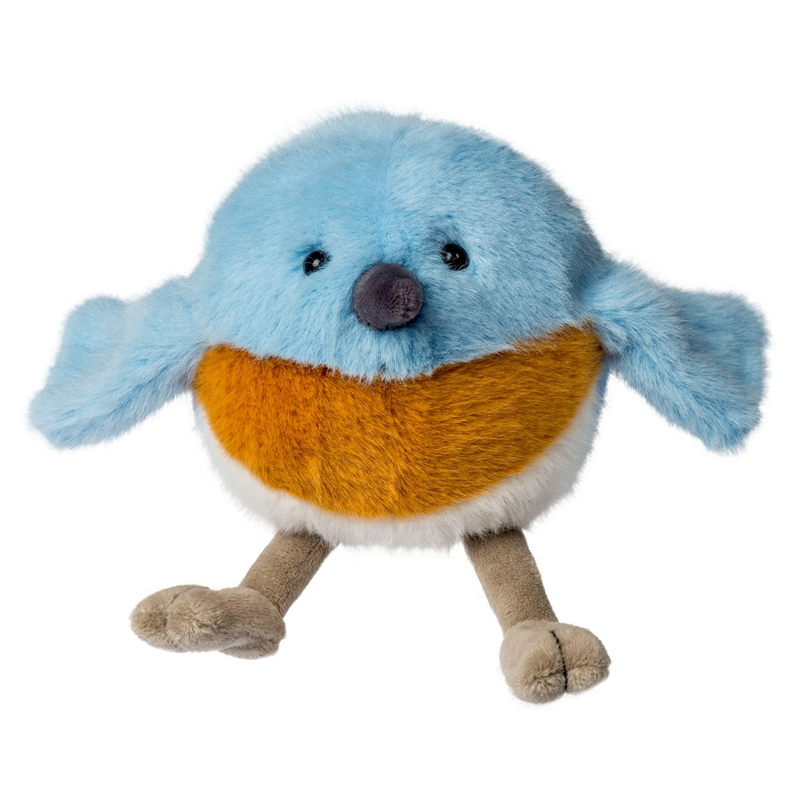 Plush toy resembling a blue bird with an orange chest on a white background