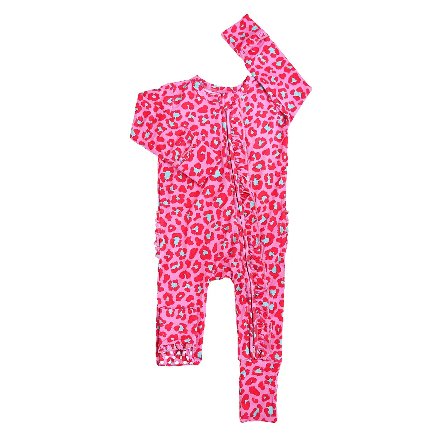 Pink leopard print baby onesie on a white background