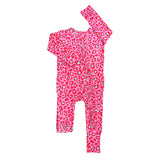 Pink leopard print baby onesie on a white background