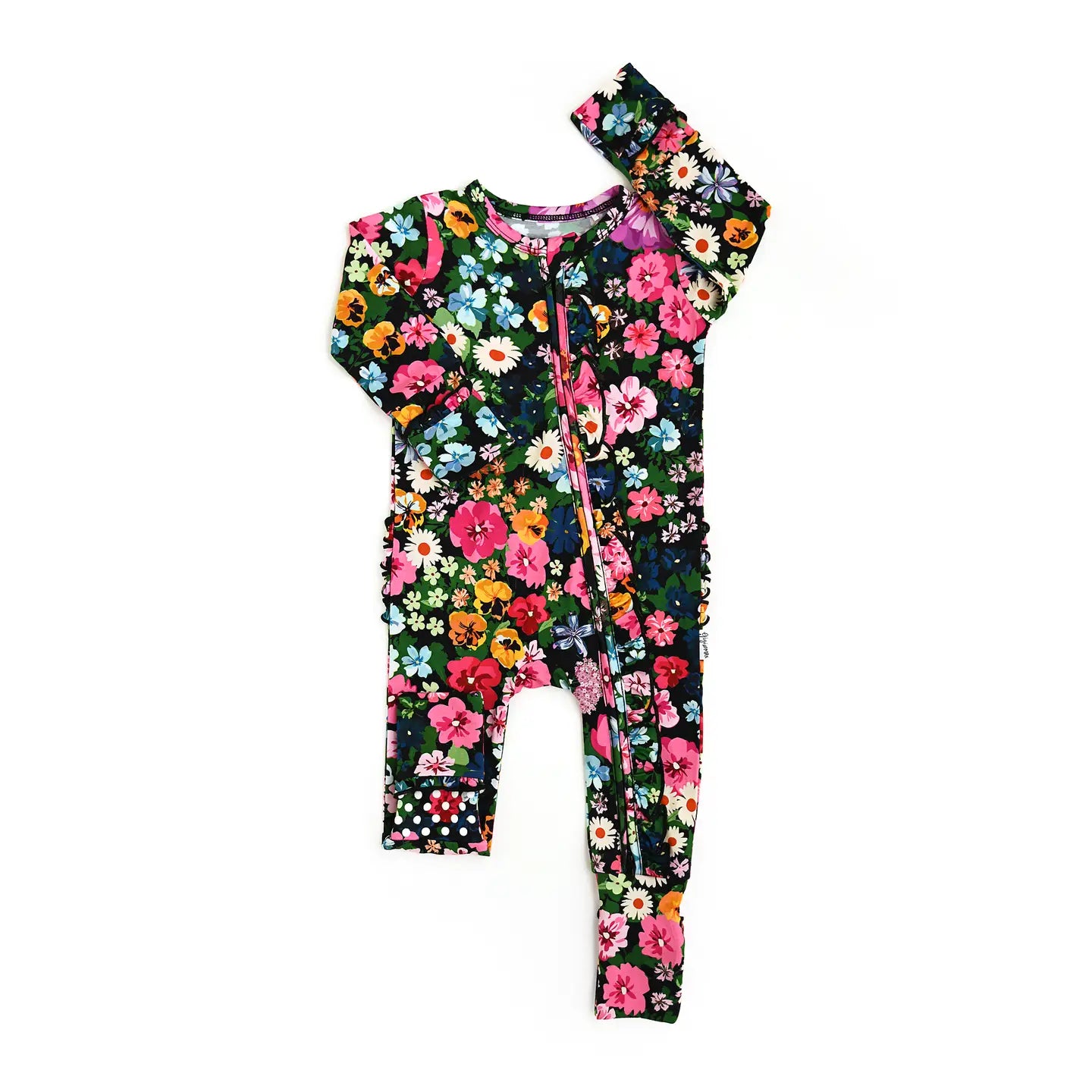 Floral-patterned baby romper with matching headband on a white background