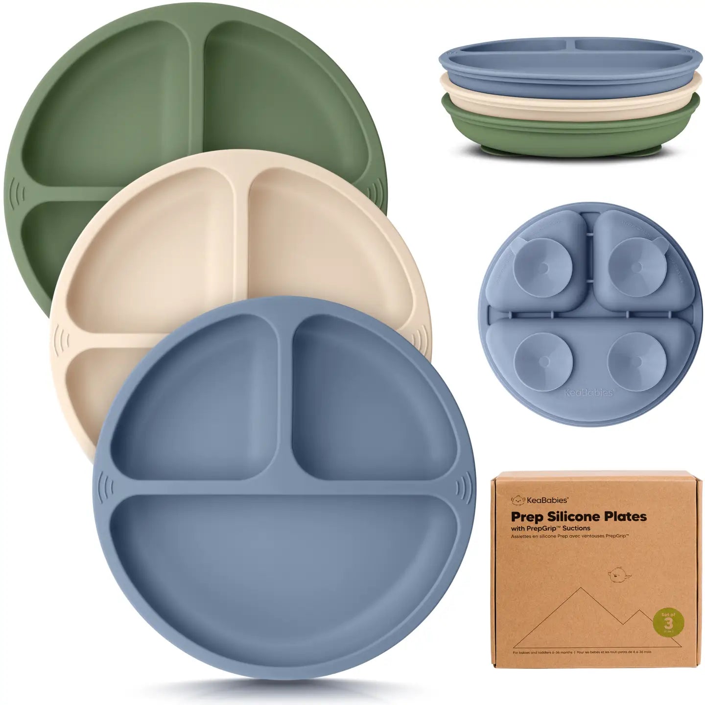 Set of silicone plates in green, beige, and blue with a cardboard box labeled 'Prep Silicone Plates'.
