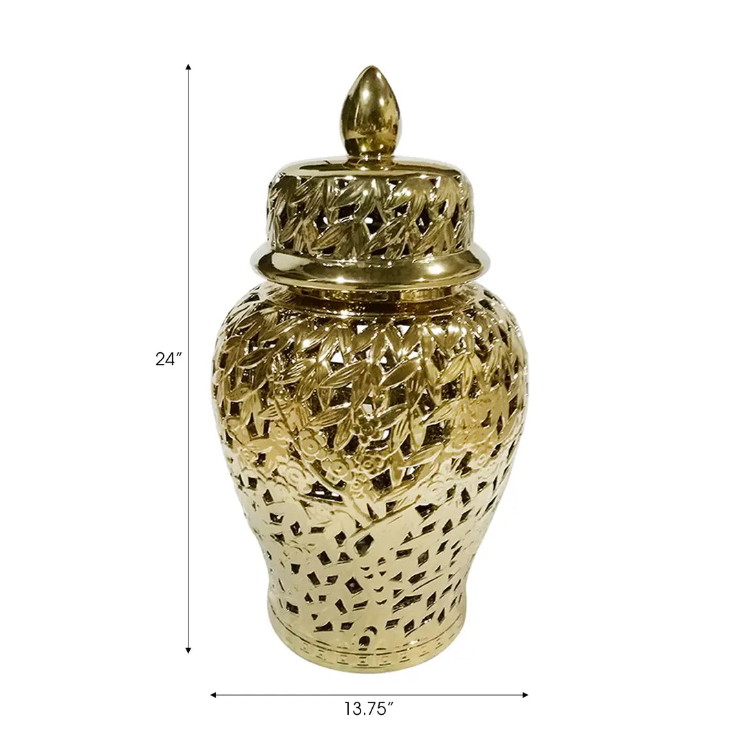 Gold decorative urn with intricate design on a white background
