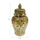Gold decorative urn with intricate design on a white background