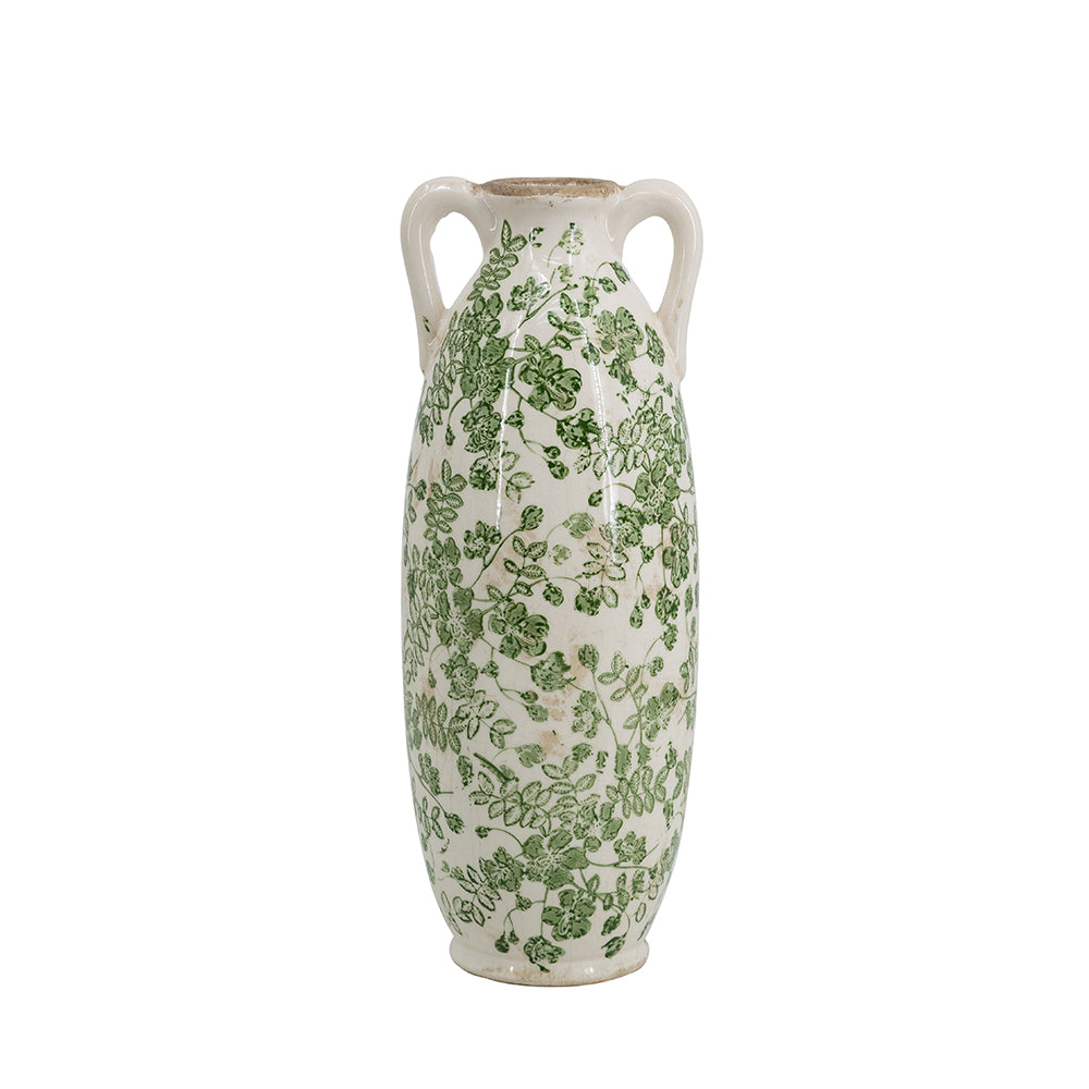 Decorative vase with green floral pattern on a white background