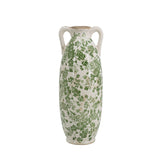 Decorative vase with green floral pattern on a white background