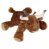 Plush toy bull with a brown body and white horns on a white background