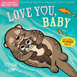 Front cover of the children's book 'Love You, Baby' by Stephan Lomp, showing an illustrated mother otter hugging a baby otter on a turquoise water background, with playful text and fish graphics.