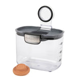 Pet food container with measuring markings on a white background