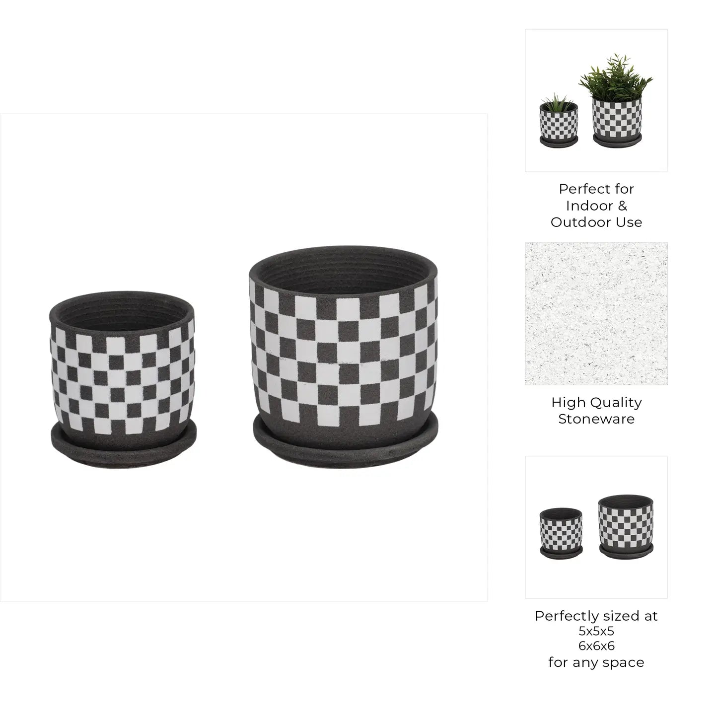 Set of three checkered planters with text highlighting features on a white background