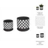 Set of three checkered planters with text highlighting features on a white background