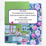 Card with a kitchen illustration and humorous text on a floral and green background