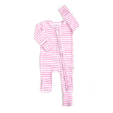 Pink and white striped baby onesie on a white background