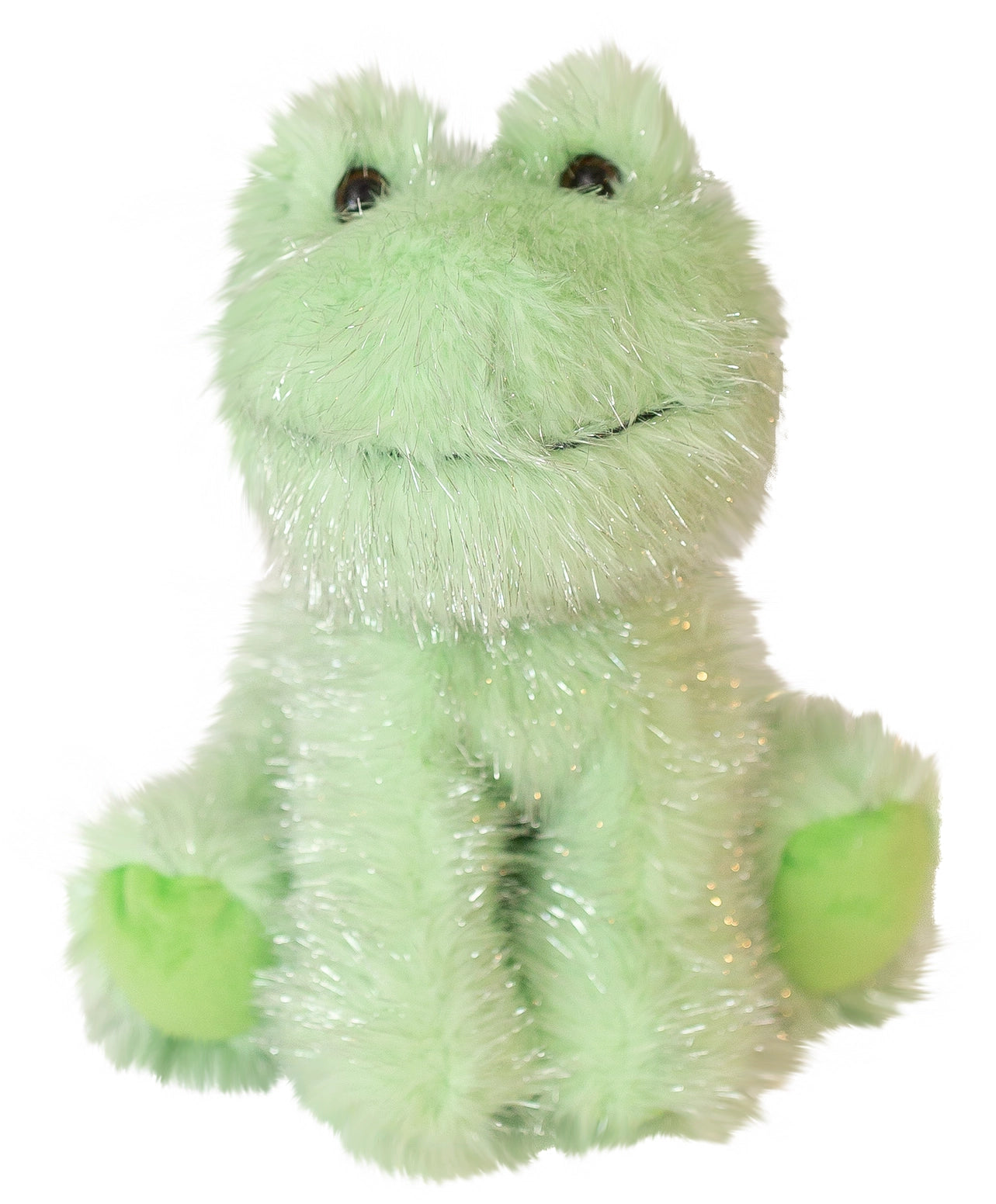 Green plush frog toy on a white background