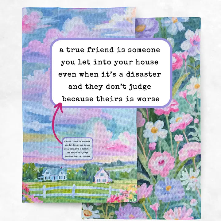 Floral notebook with a scenic cover and text about true friends on a white background
