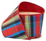 A close-up of a tartan plaid fabric product, likely a hat or folded textile item, showing a red, blue, green, and yellow plaid pattern with a red interior.