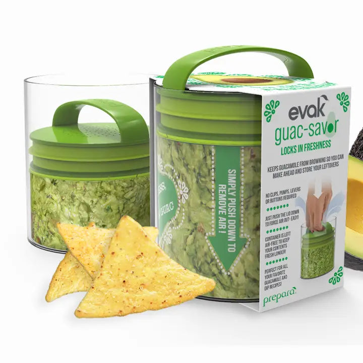 Green guacamole container with packaging and tortilla chips on a white background