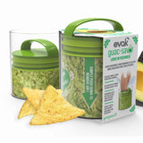Green guacamole container with packaging and tortilla chips on a white background