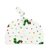 Baby hat with colorful caterpillar design on a white background