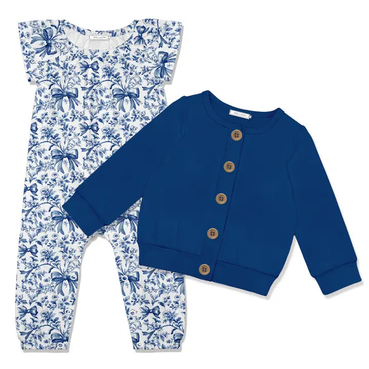 Blue cardigan and floral pants set on a white background