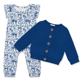 Blue cardigan and floral pants set on a white background