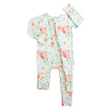 A floral outfit for babies, consisting of a onesie with long sleeves and matching hat, displayed against a white background