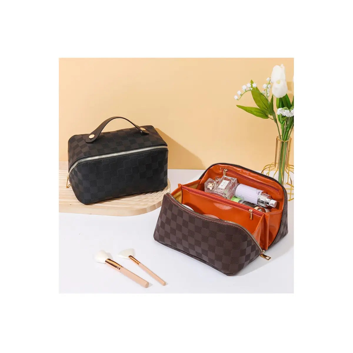 Vegan Leather Check Makeup Bag