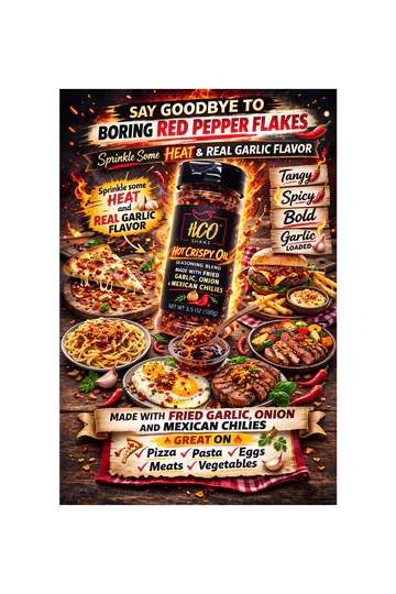 Product packaging for HGO Hot Crispy Oil with images of food and text on a black background
