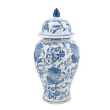Blue and white floral-patterned ceramic jar with lid on a white background