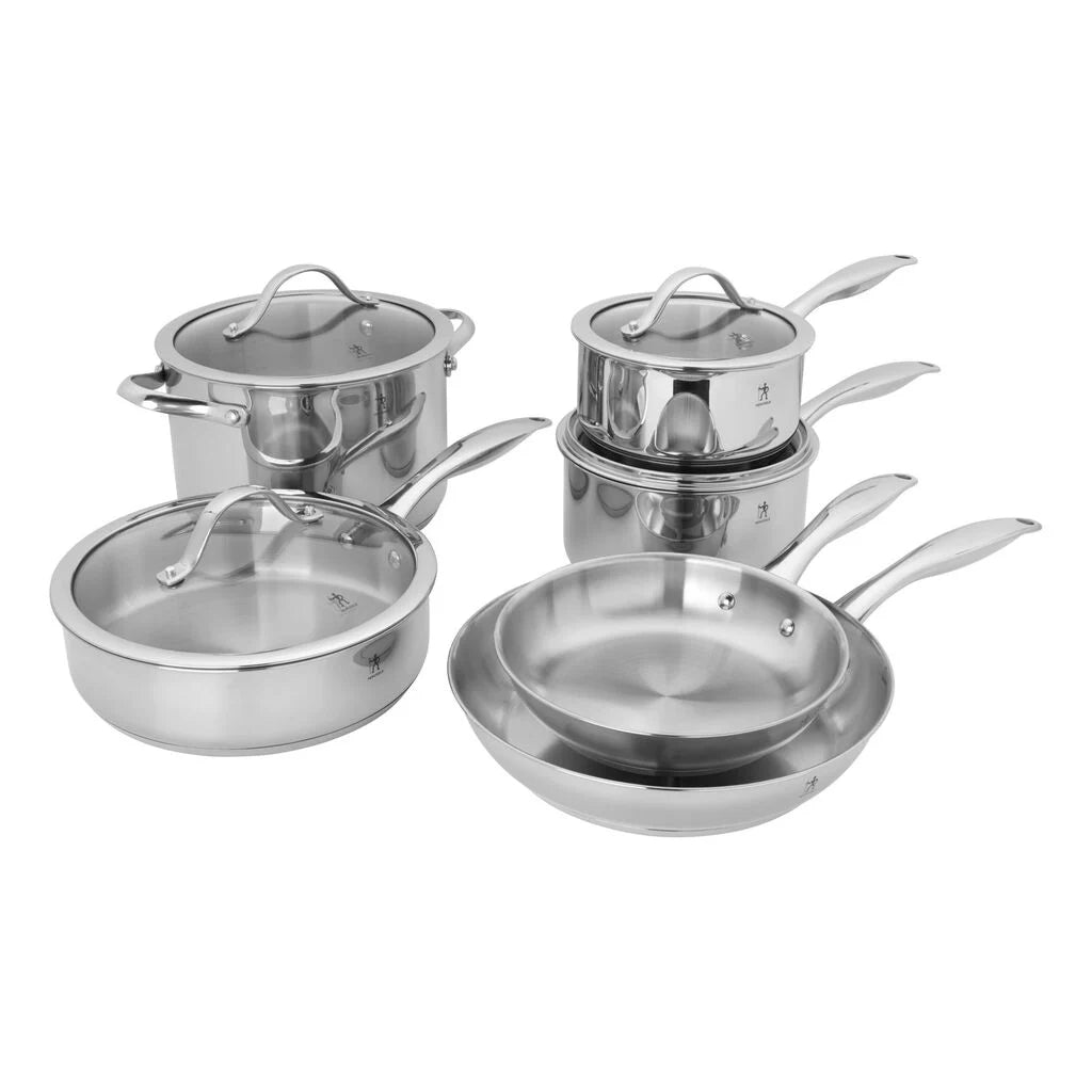 Set of stainless steel cookware on a white background