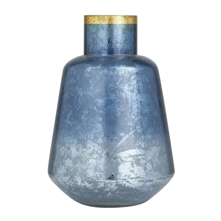 Blue textured vase with a gold rim on a white background