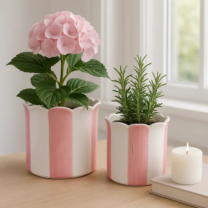 Two potted plants in decorative pink and white planters on a wooden surface with a candle and book in the background.