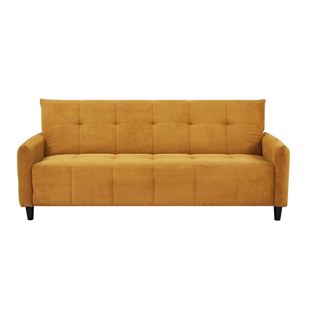A modern two-seater sofa in a textured mustard yellow fabric, featuring a tufted backrest and seat, with dark tapered legs, shown against a plain white background.