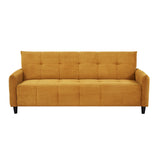 A modern two-seater sofa in a textured mustard yellow fabric, featuring a tufted backrest and seat, with dark tapered legs, shown against a plain white background.