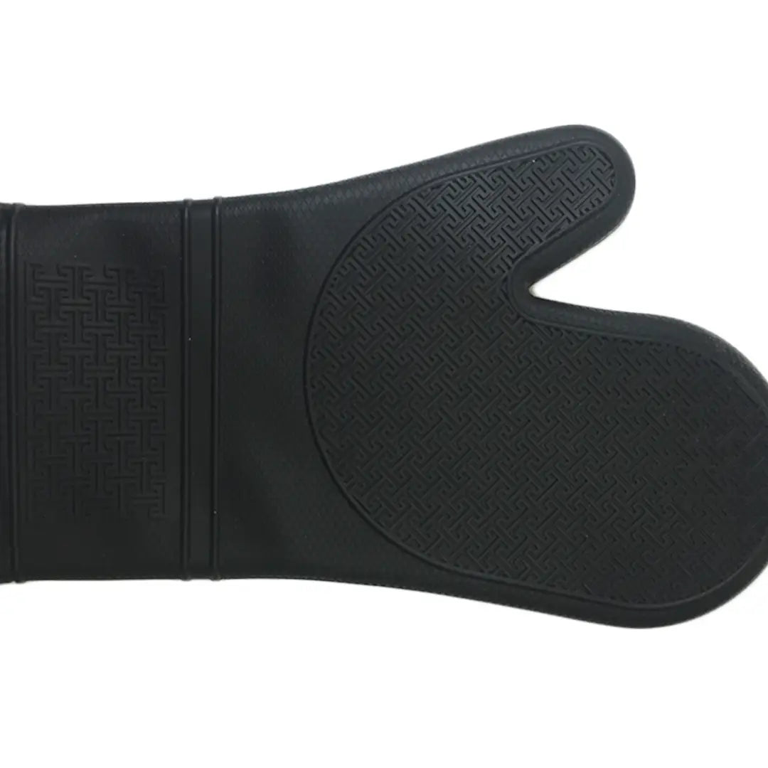 Black oven mitt with textured palm on a white background