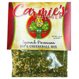 Packaged spinach parmesan dip and cheeseball mix from Carmie's Kitchen with visible green herbs.