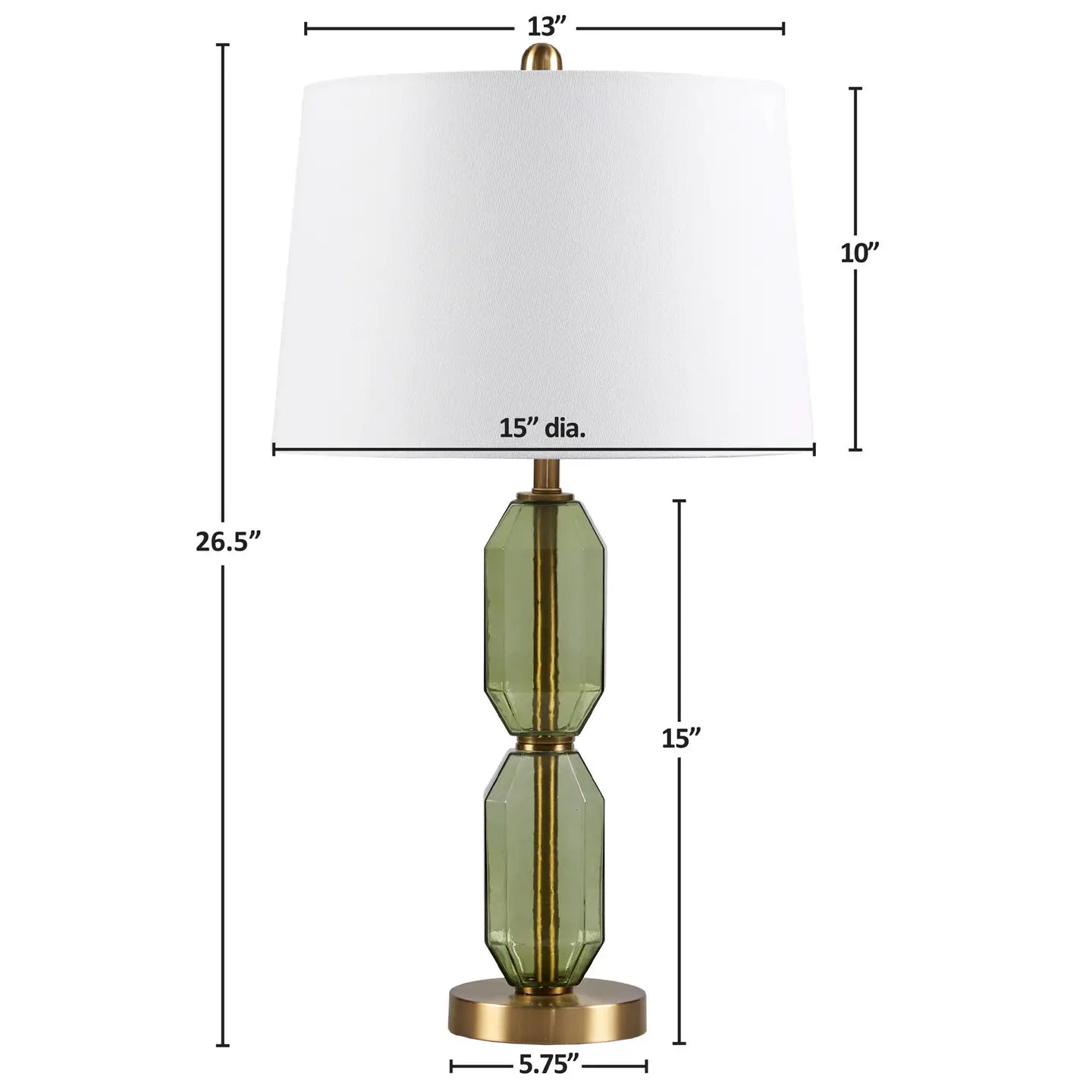Dimensions of a table lamp with a white shade and green glass base on a white background