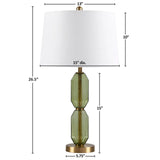 Dimensions of a table lamp with a white shade and green glass base on a white background