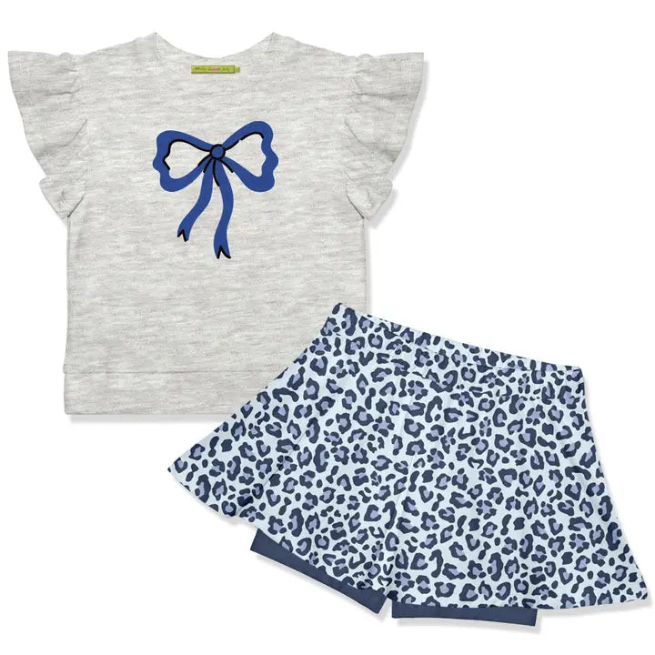 A toddler girl's two-piece outfit set featuring a light heather gray short-sleeve top with ruffle sleeves and a blue bow graphic on the chest, paired with matching blue leopard print shorts.