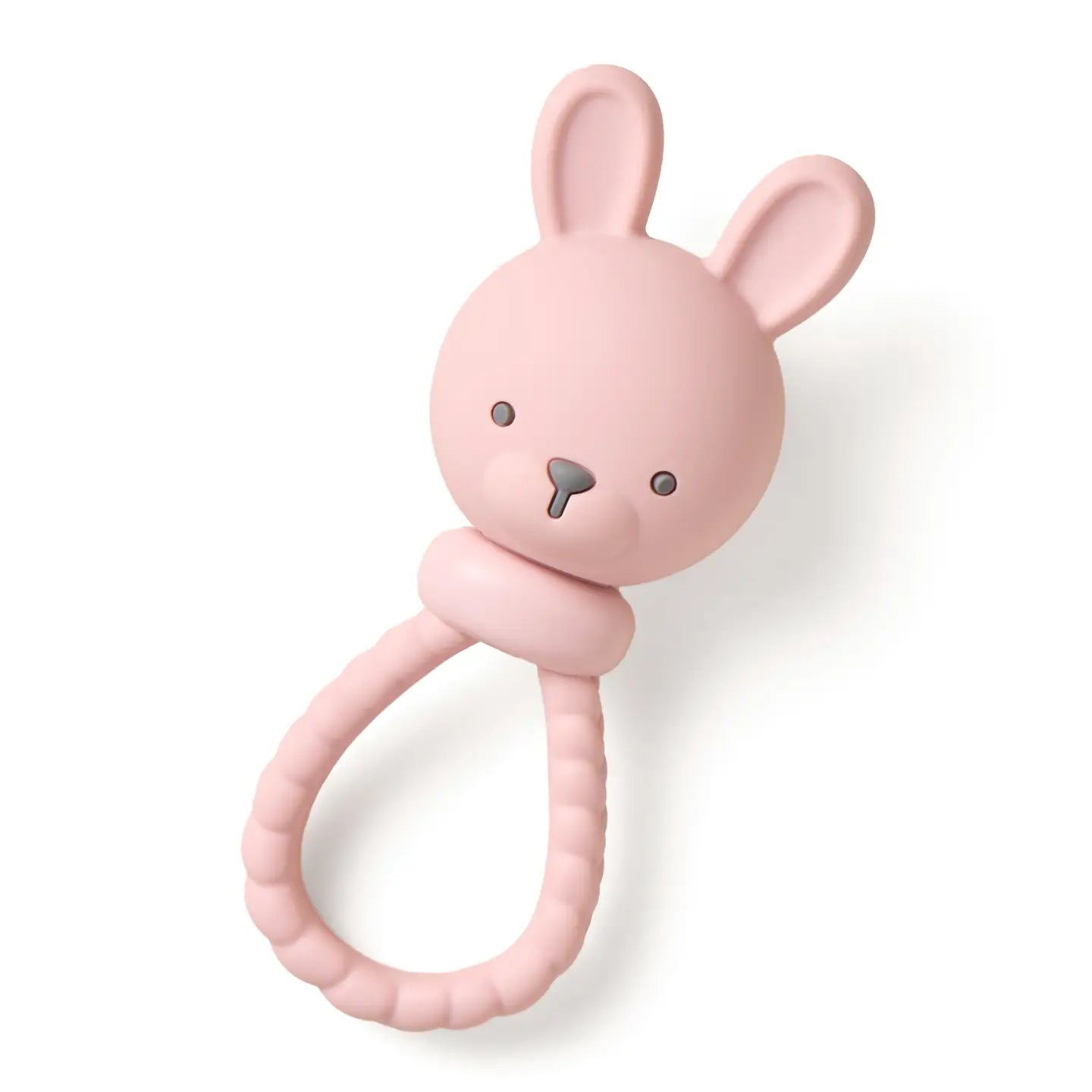 Pink rabbit-shaped teething ring on a white background