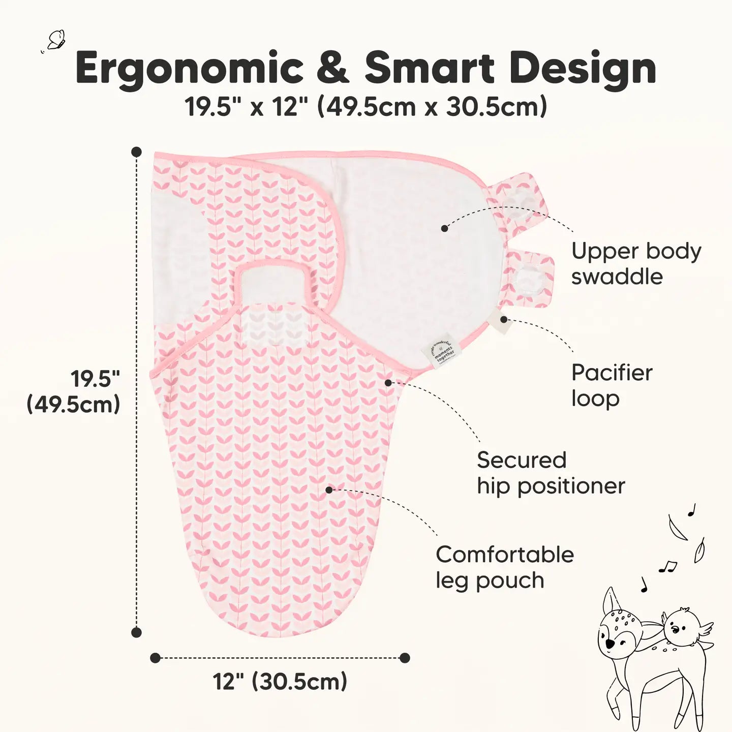 Diagram of a baby swaddle with labeled features and dimensions on a white background.