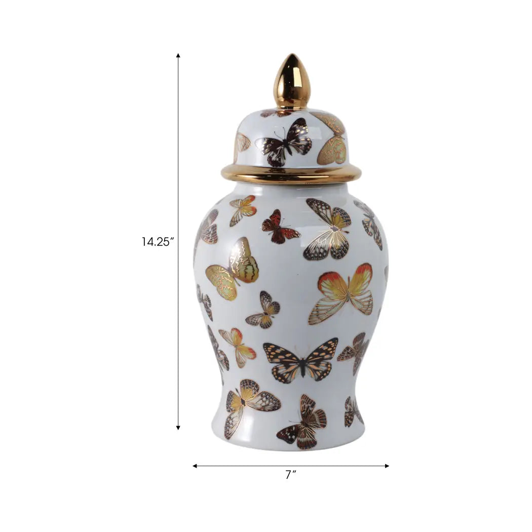 Decorative ceramic jar with butterfly patterns and a gold lid on a white background