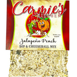 Carmie's Kitchen Jalapeño Peach Dip & Cheeseball Mix packaging with visible ingredients.