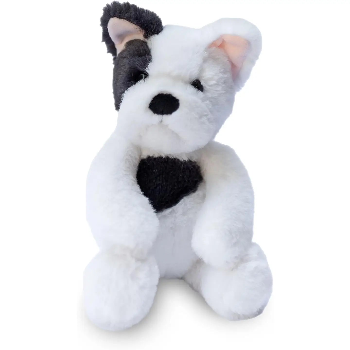 Plush toy dog with a black heart on a white background