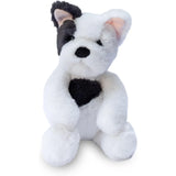 Plush toy dog with a black heart on a white background