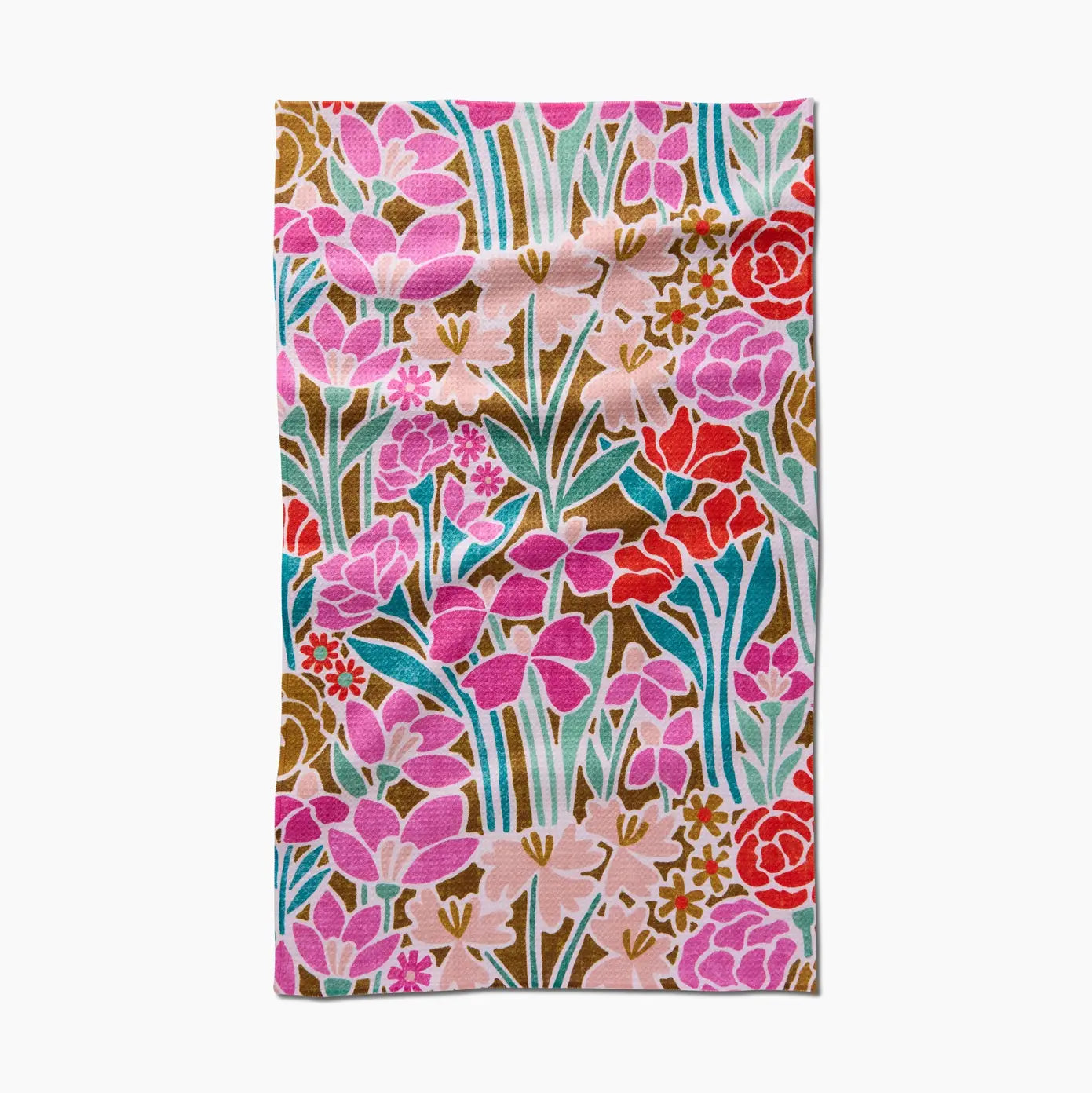 Floral patterned fabric with pink, red, and green colors on a white background